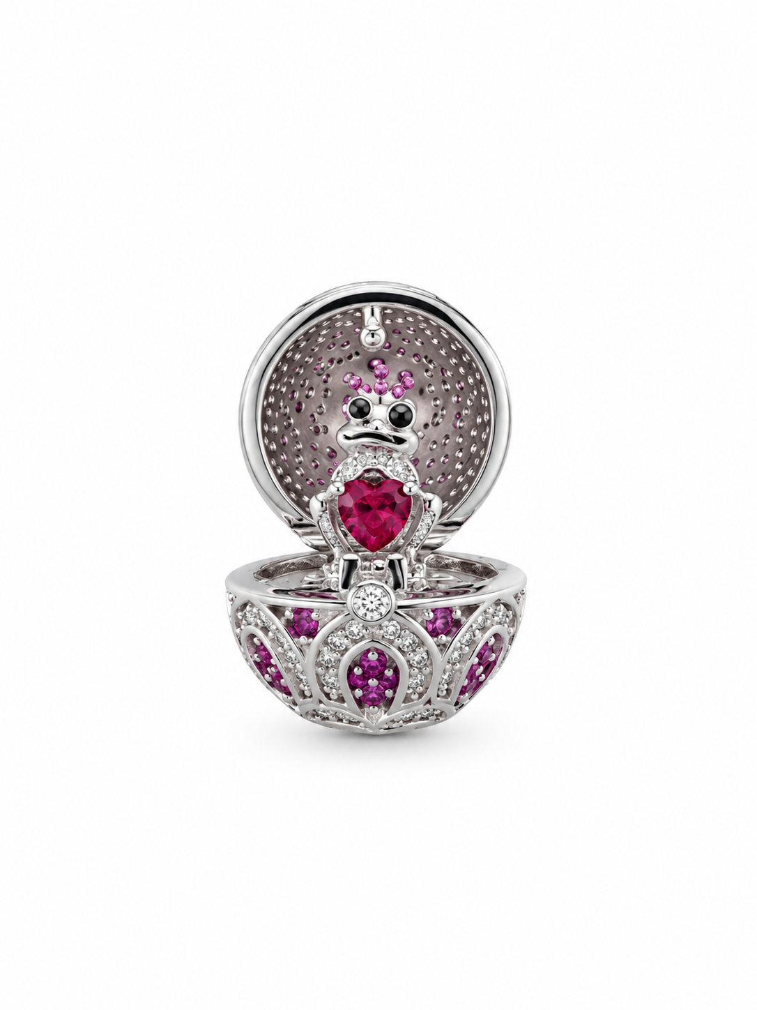 Ciondolo uovo Tsars Collection con ranocchio a sorpresa in argento 925 e cristalli Swarovski bianchi e rosa